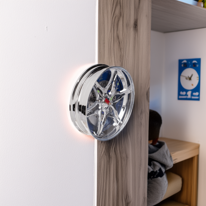 Rim clock with blue LED slightly tilted on a wall in a boys' room